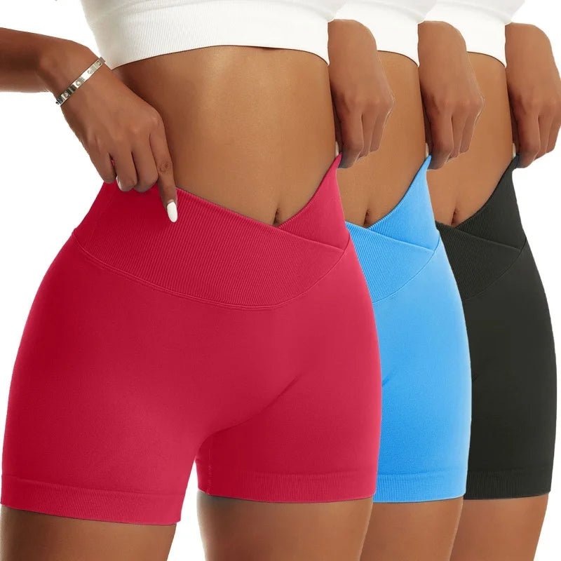 High Waist Yoga Scrunch Butt Shorts, 3-Piece Set - Peach - silverfoxgoods